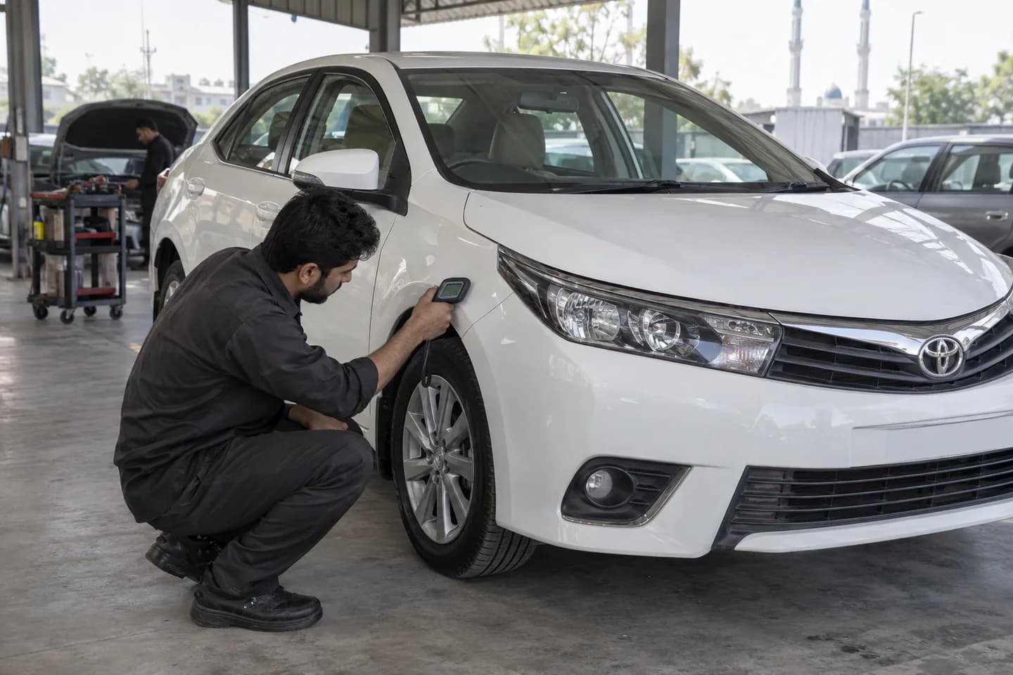 Technician inspecting the body condition of a white sedan before purchase