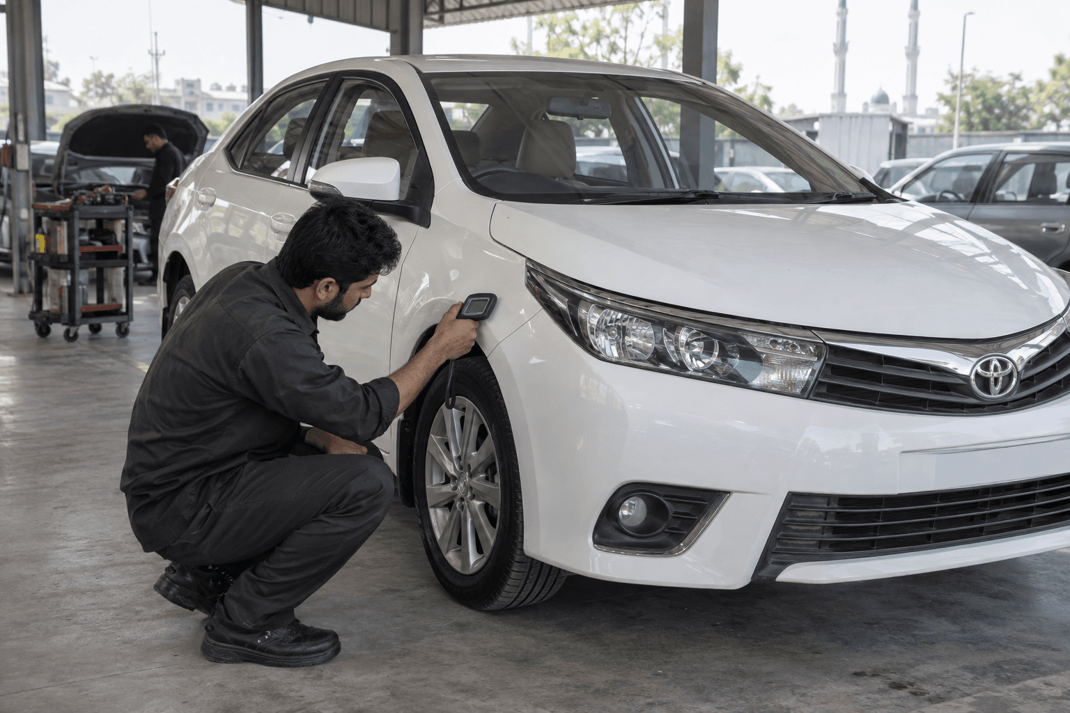 Technician inspecting the body condition of a white sedan before purchase